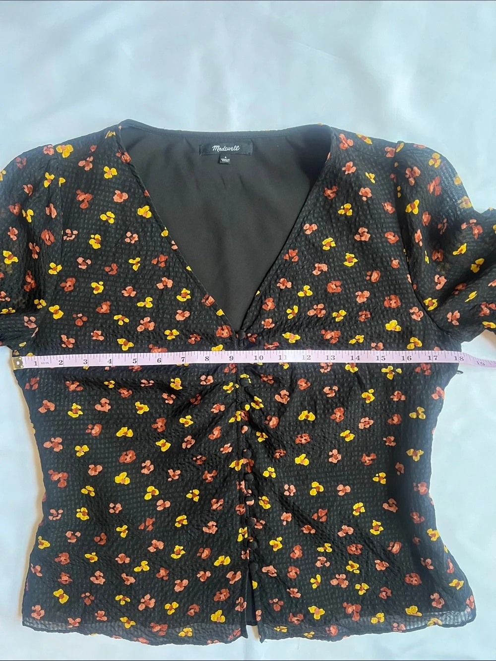 Madewell Silk Black V-Neck Tie-Sleeve Floral Top Sz 4 Coquette Cottage Prairie